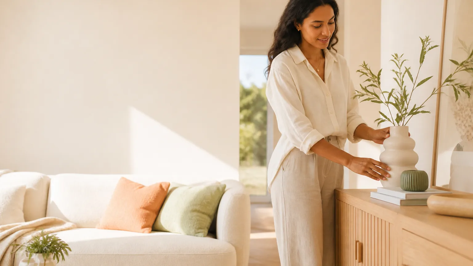 Woman arranging a sculptural vase in a bright, warm living room