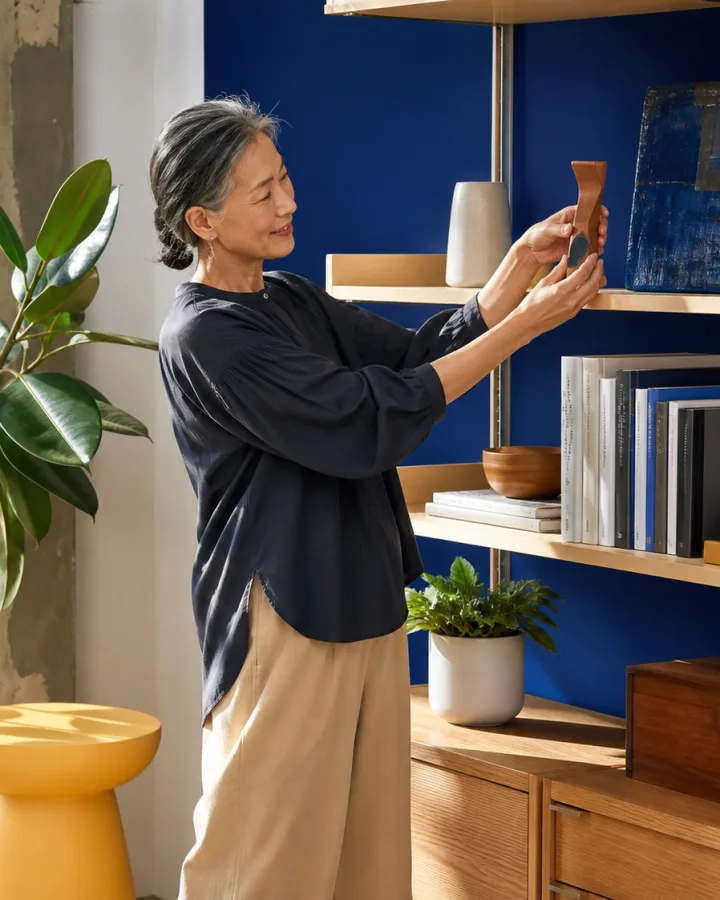 Woman arranging sculptural wooden objects and books on colorful shelving