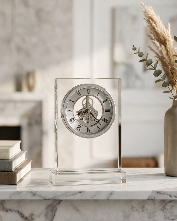 Rectangular Crystal Silver Gear Desk Clock