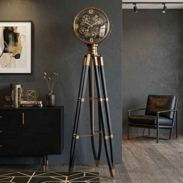 Black Coffee Tripod Gear Floor Clock