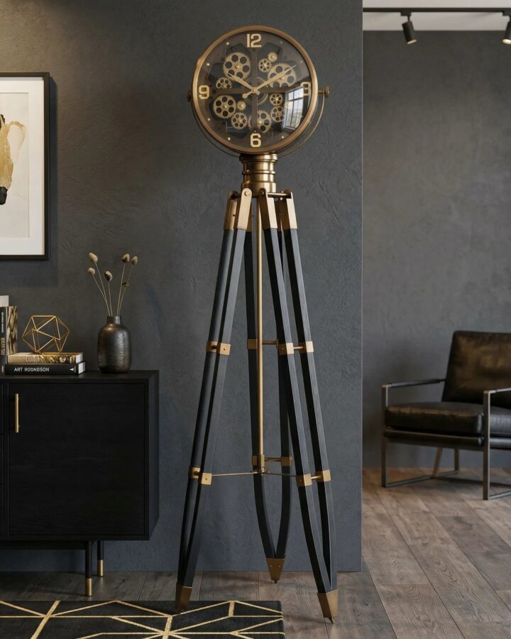 Black Coffee Tripod Gear Floor Clock