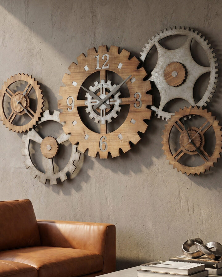 Galvanized Five-Gear Triple-Time Wall Clock