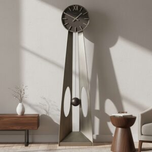 Aged Silver Sculptural Pendulum Floor Clock product view