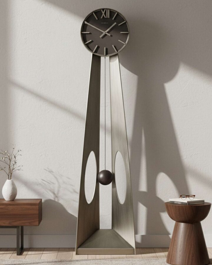 Aged Silver Sculptural Pendulum Floor Clock