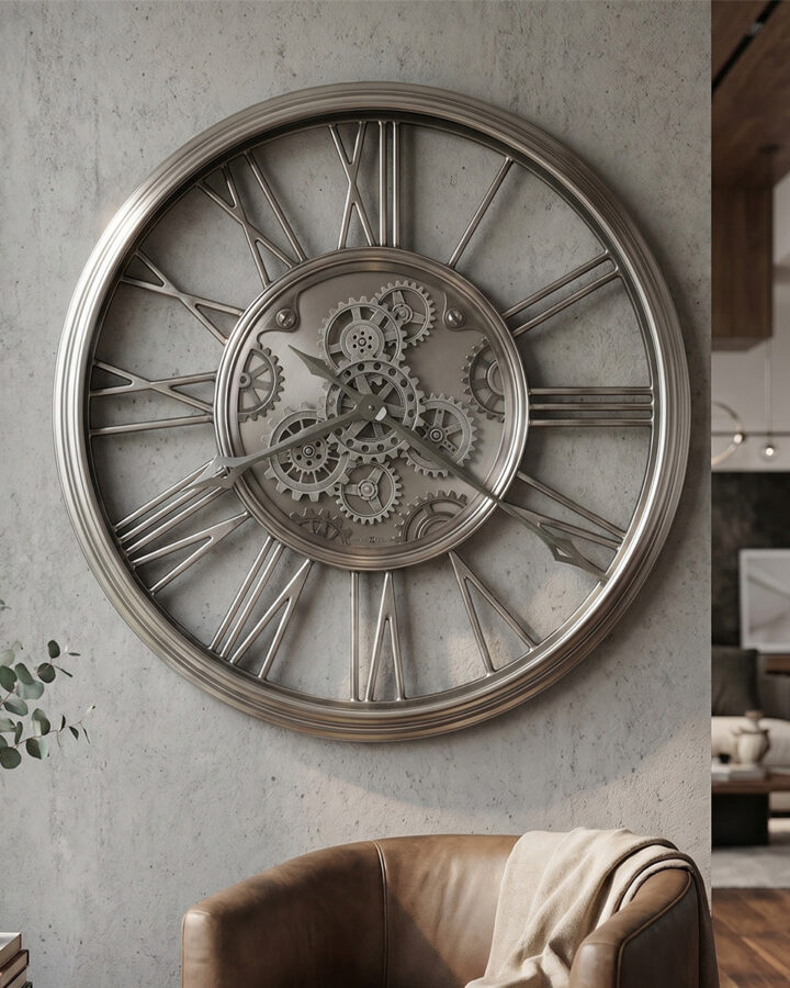 Satin Nickel Moving-Gear Wall Clock