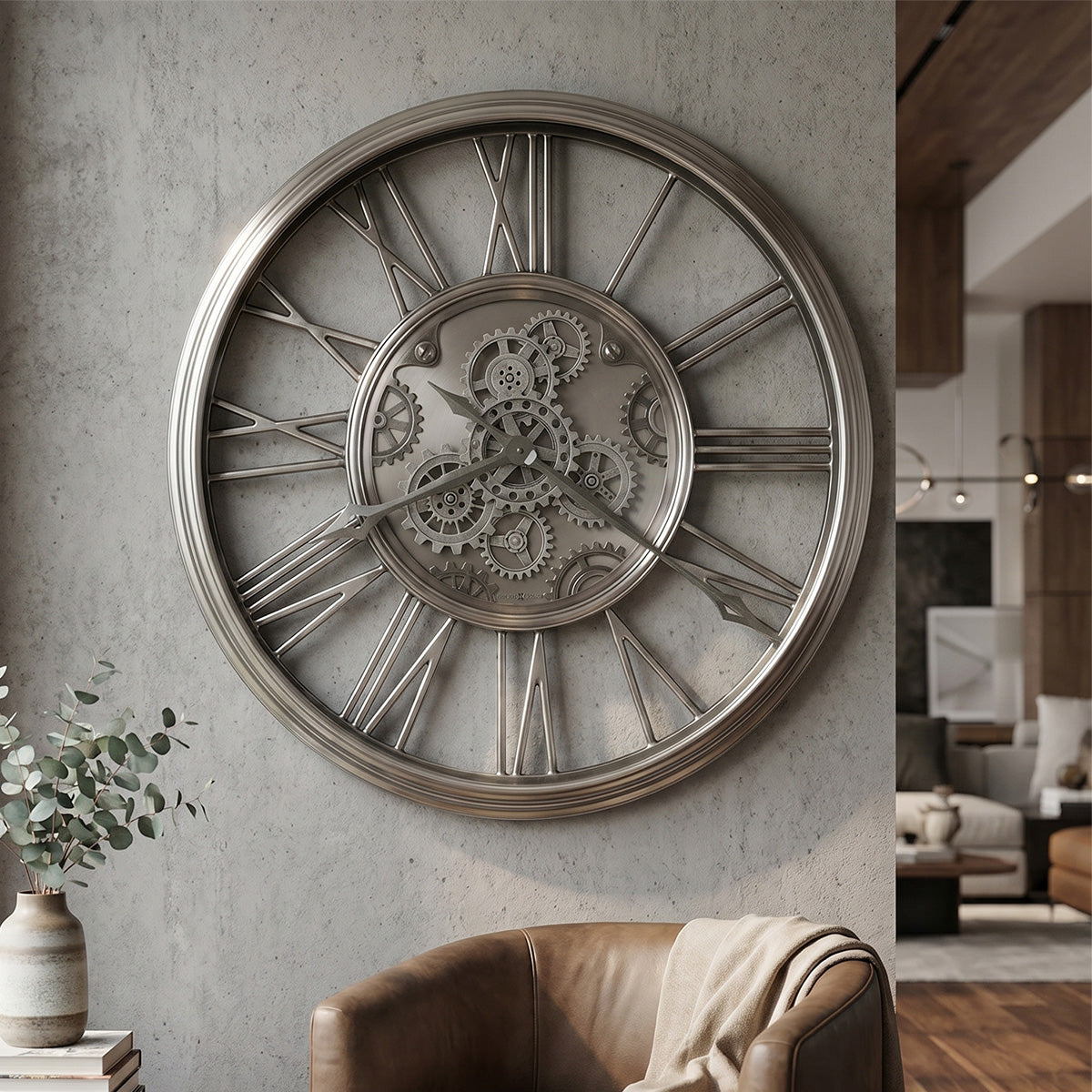 Satin Nickel Moving-Gear Wall Clock