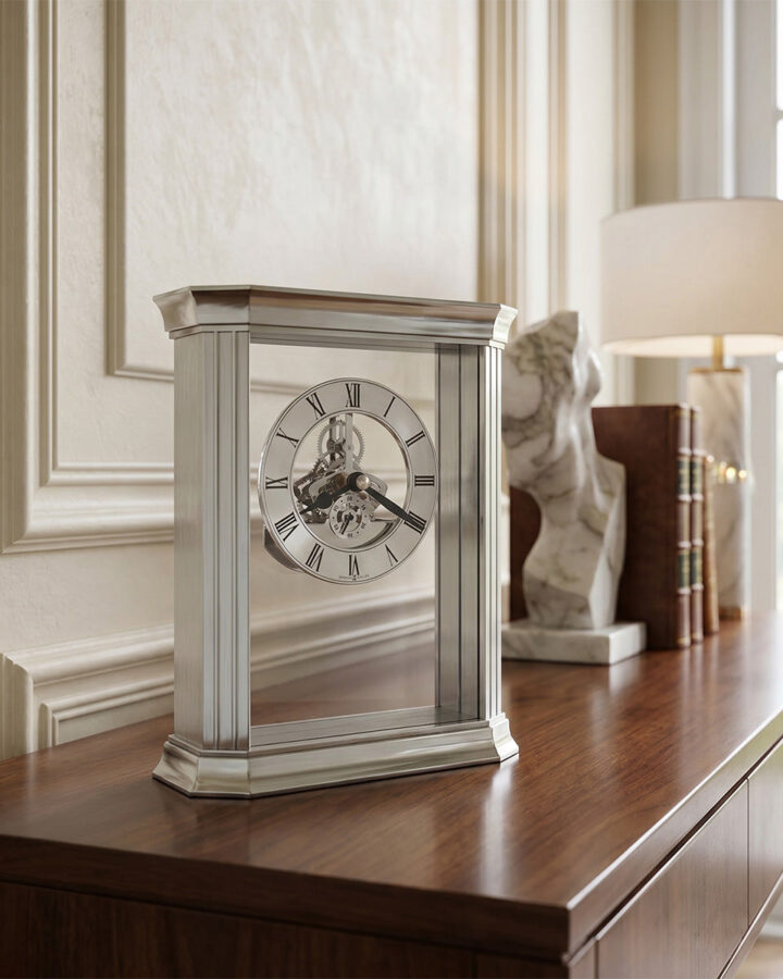 Brushed Aluminum Silver Skeleton Clock
