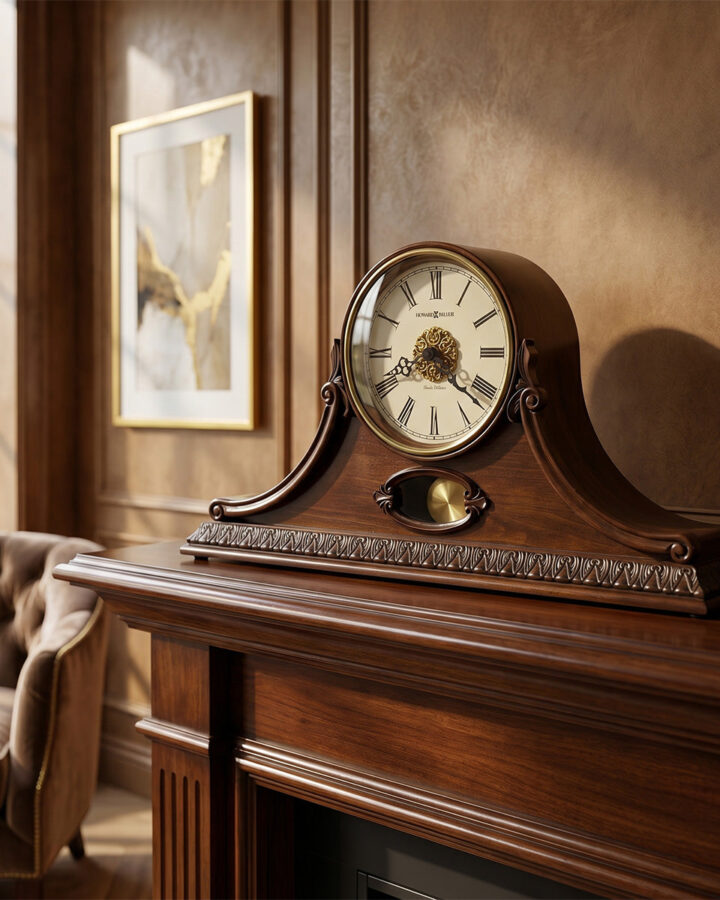 Cherry Wood Mantel Clock with Leaf Detail